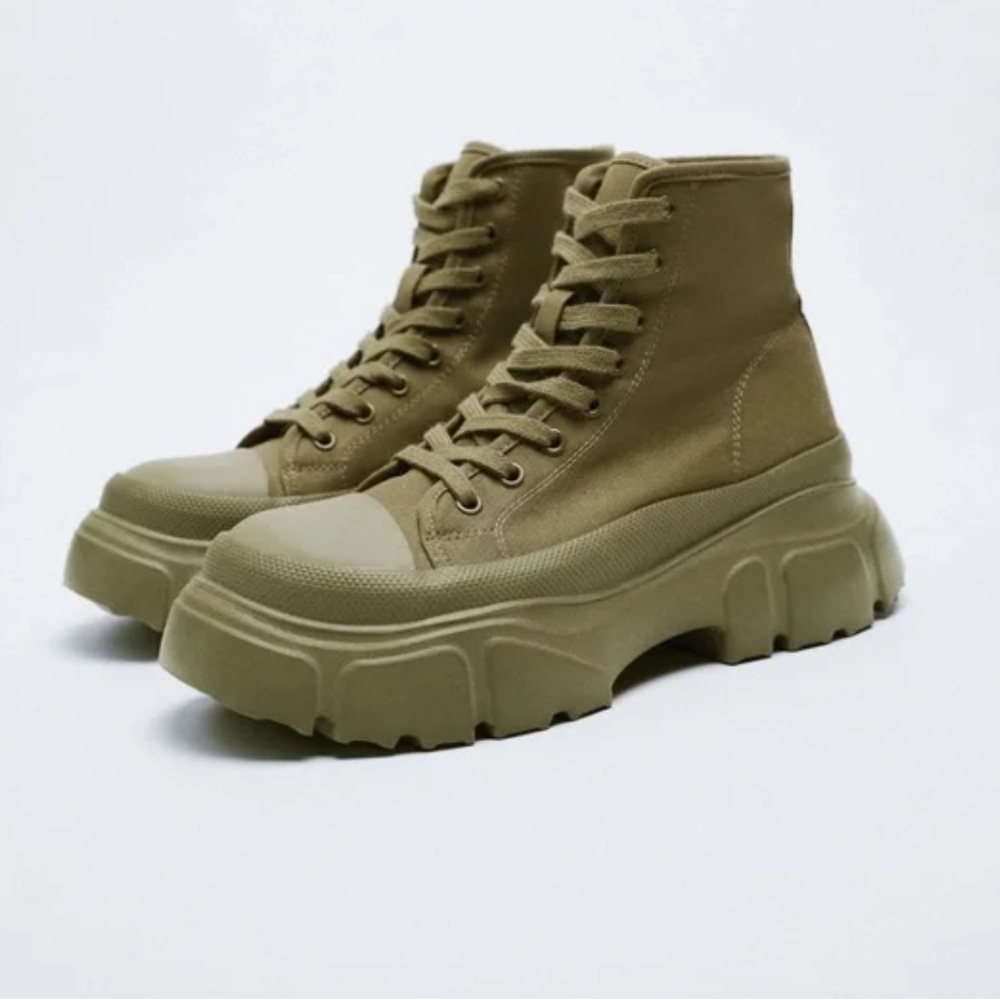 Zara Khaki Lug Sole Boot Style Sneakers SZ 9 or EU 40 - Picture 2 of 4